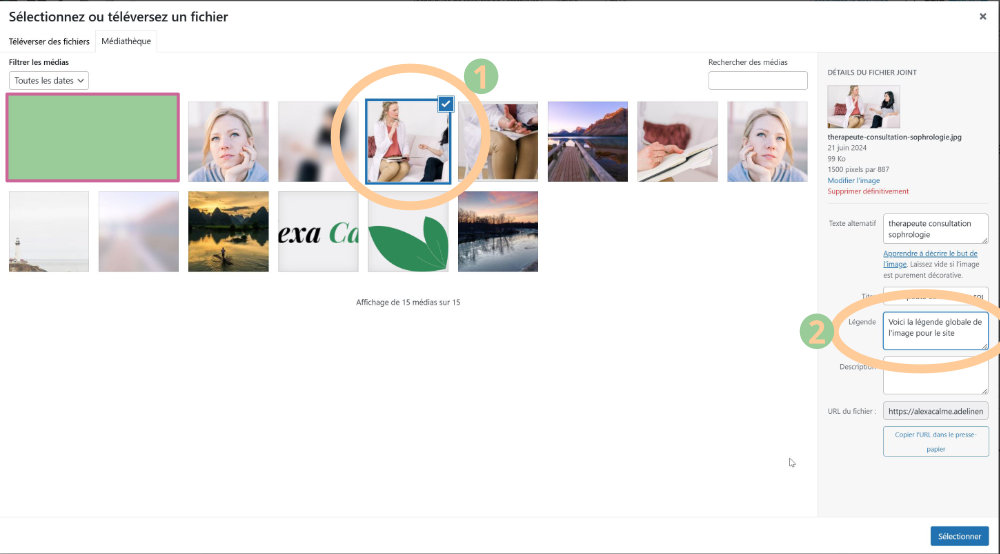 images wordpress ajouter legende globale