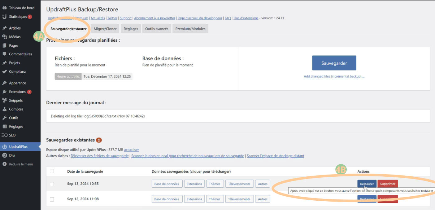 restaurer site updraftplus